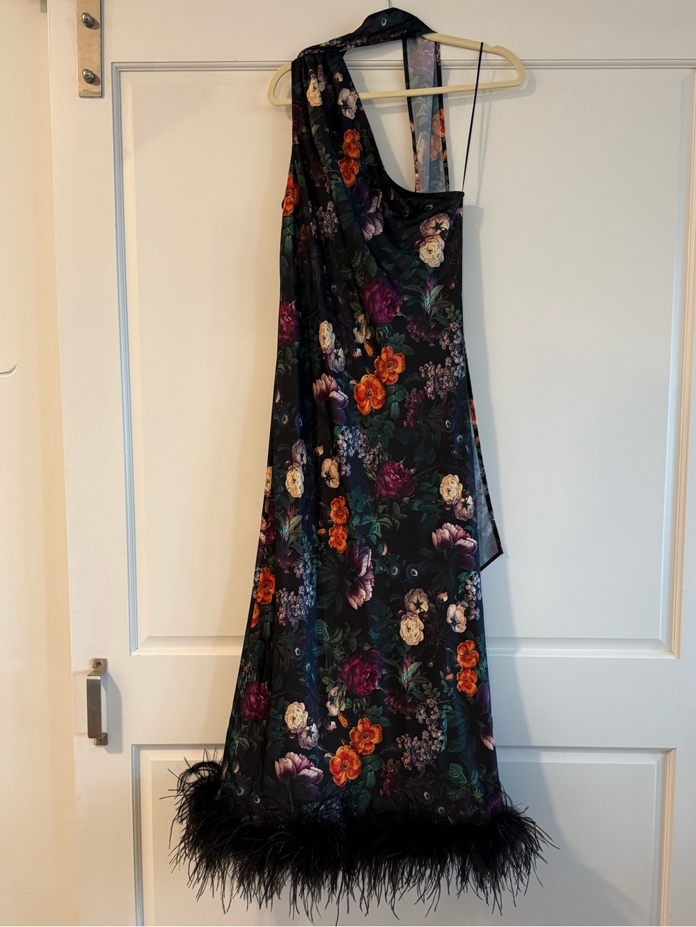 One-Shoulder Black Floral Dress with Feather Hem